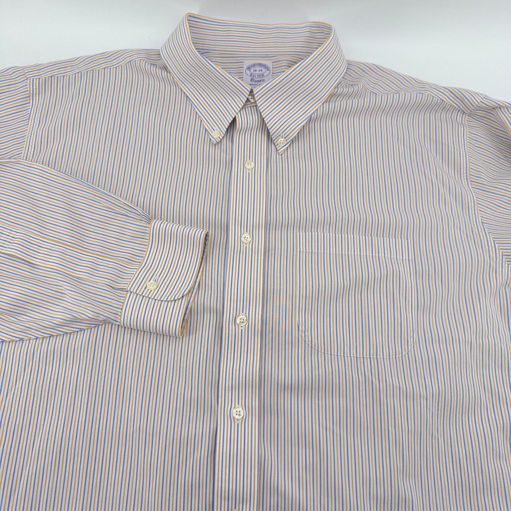 Brooks Brothers Classic Fit Non-Iron Shirt Mens 18-34 Blue Yellow Striped Cotton